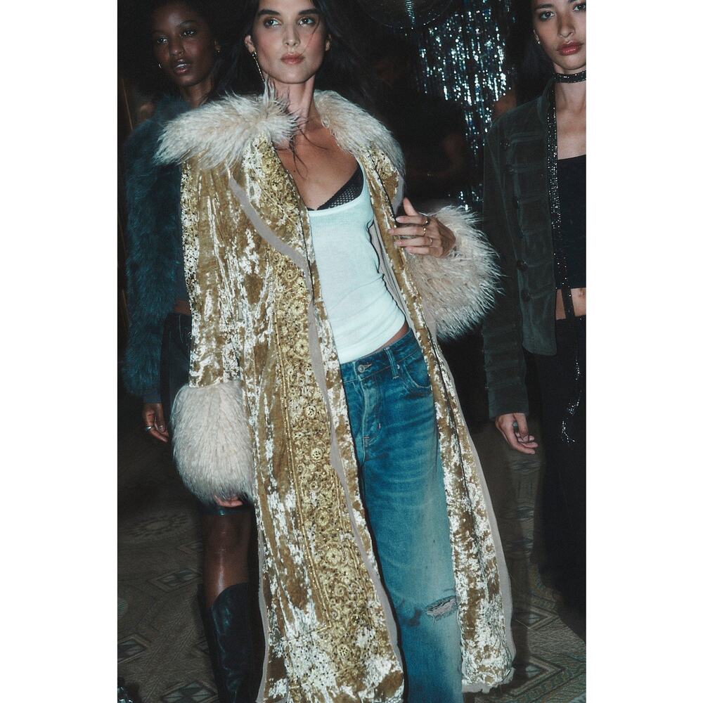 NWT Free People Embellished Duster XS Gold Velvet Penny Lane Coat Sequin Fur